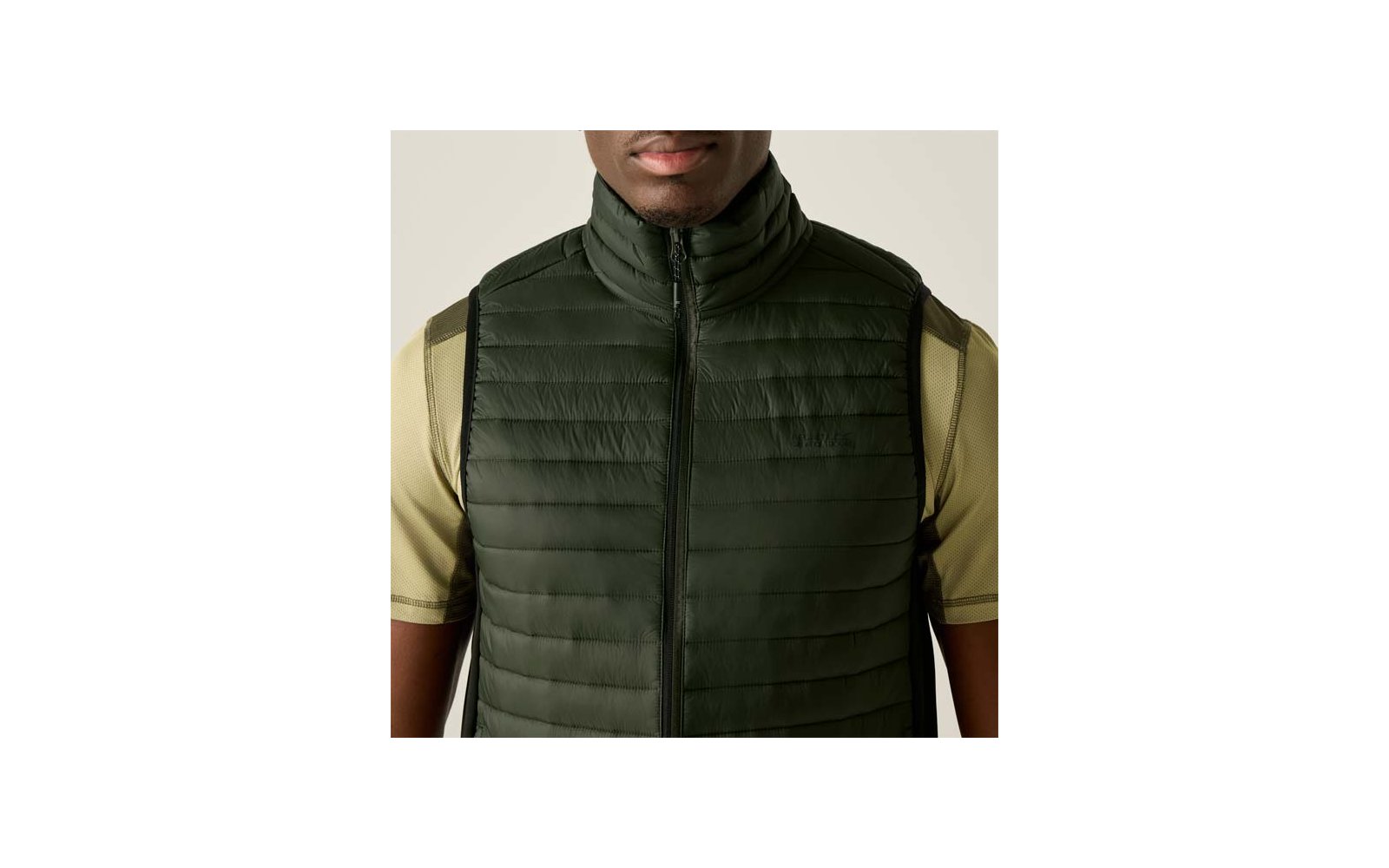 Bovenlichaam van een persoon tot aan de kin, met een donkergroene gewatteerde mouwloze bodywarmer met rits over een lichtgeel T-shirt met korte mouwen