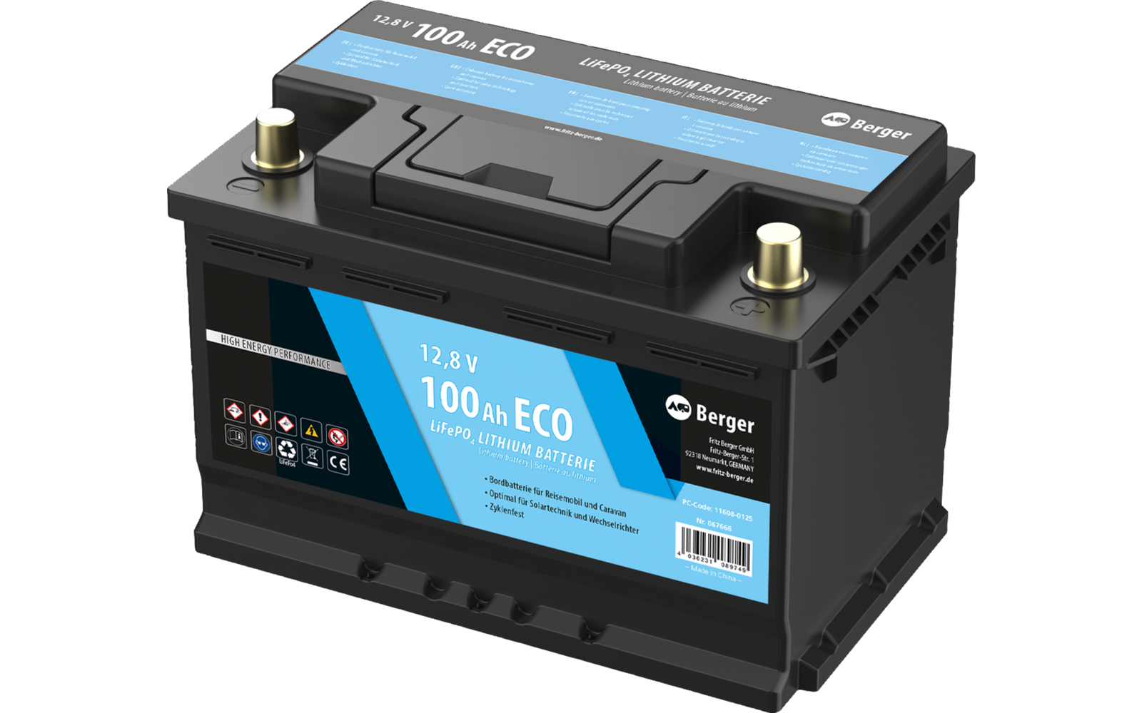 Eine schwarze 12-Volt-Autobatterie mit blauen und schwarzen Etiketten, auf denen 100 Ah ECO und die Marke Berger stehen