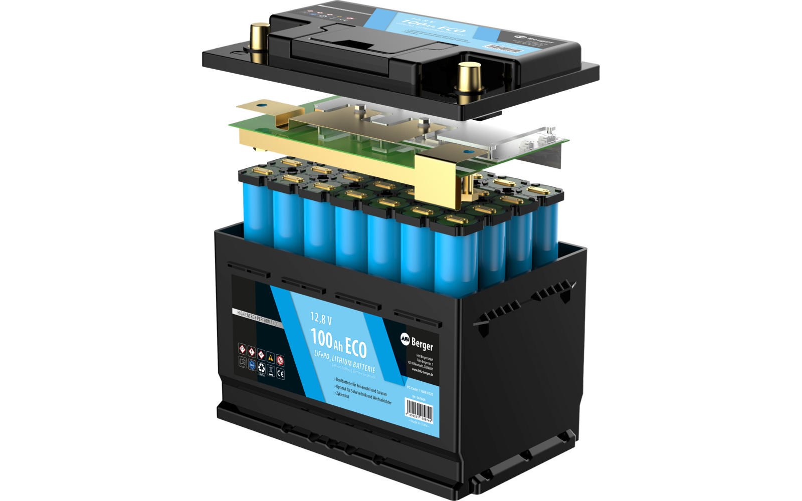 Explodierte Ansicht einer wiederaufladbaren Lithium-Ionen-Batterie mit sichtbaren einzelnen Zellen und elektronischen Bauteilen