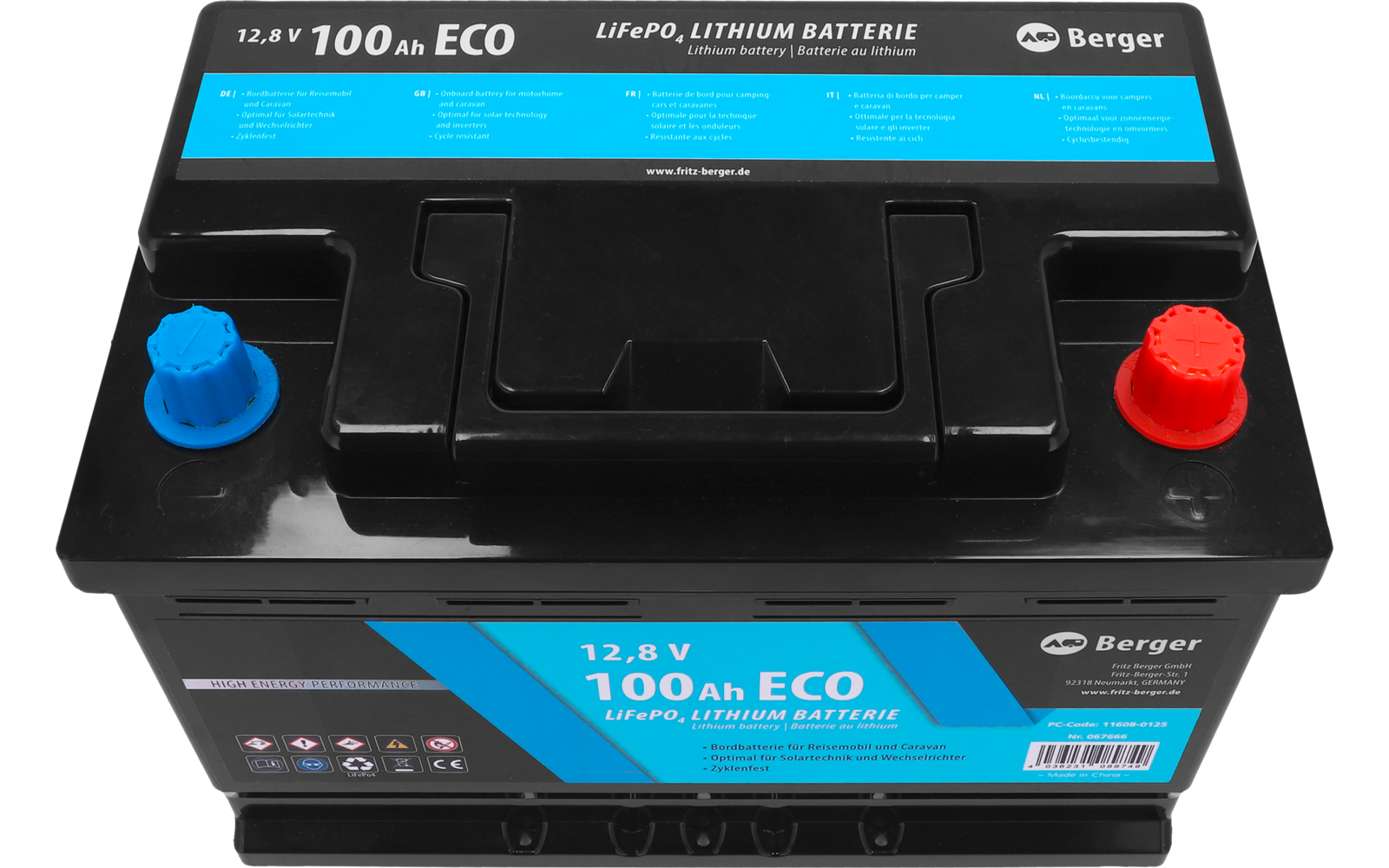 Schwarze rechteckige Lithium-Batterie mit blauem Etikett, Tragegriff oben und zwei Anschlüssen: roter Anschluss rechts, blauer Anschluss links; Aufschrift '12.8V 100Ah ECO'