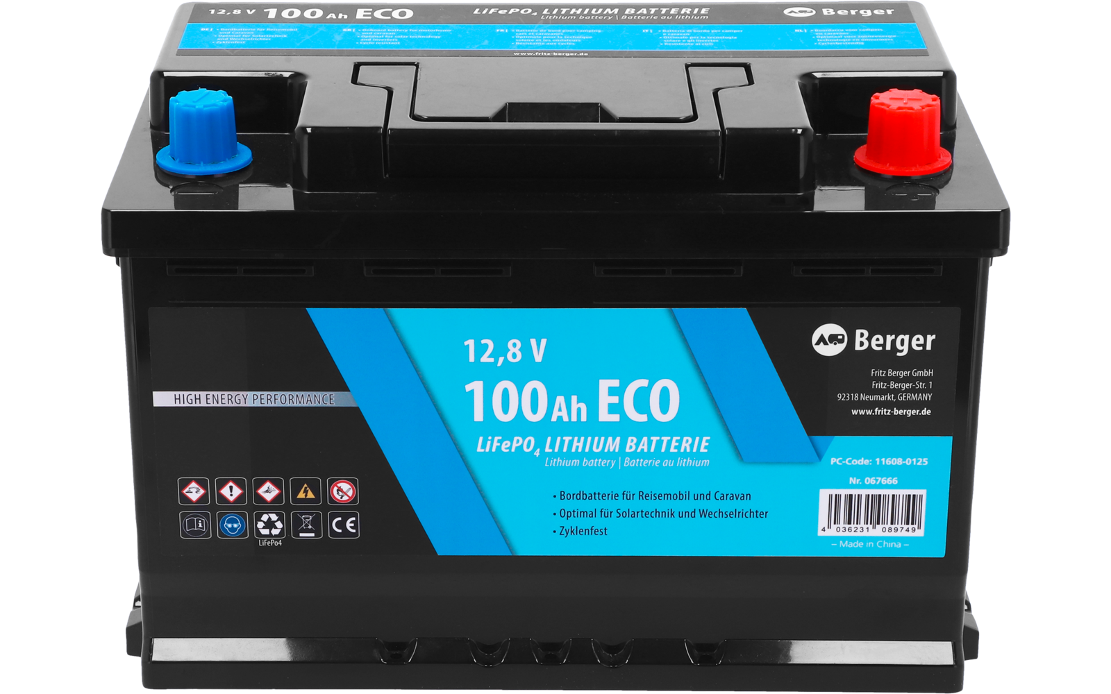 Schwarze rechteckige Batterie mit blauem Etikett, Aufschrift '12,8 V 100Ah ECO LiFePO4 LITHIUM BATTERIE', roter und blauer Pol oben