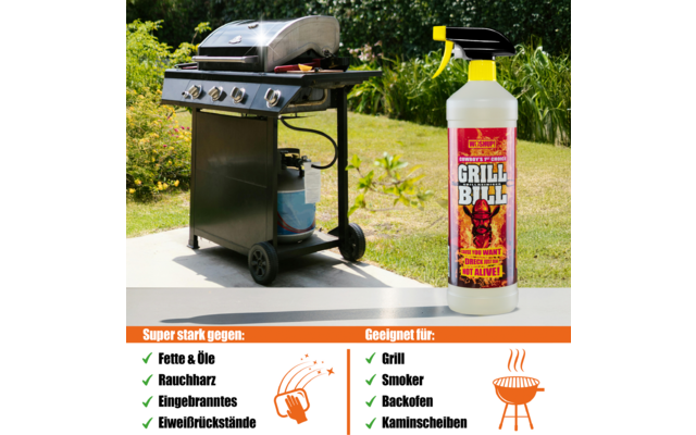 Grill mit geschlossenem Deckel steht auf gepflasterter Terrasse, daneben steht eine Sprühflasche mit Grillreiniger