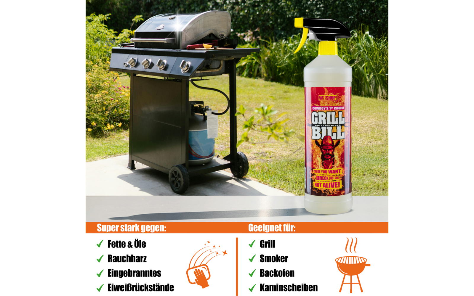 Grill mit geschlossenem Deckel steht auf gepflasterter Terrasse, daneben steht eine Sprühflasche mit Grillreiniger
