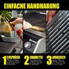 Drei Bilder zeigen die einfache Handhabung eines Grills: Hände reinigen den Grillrost mit einer Bürste, drehen ihn um, und der gereinigte Grillrost ist sichtbar