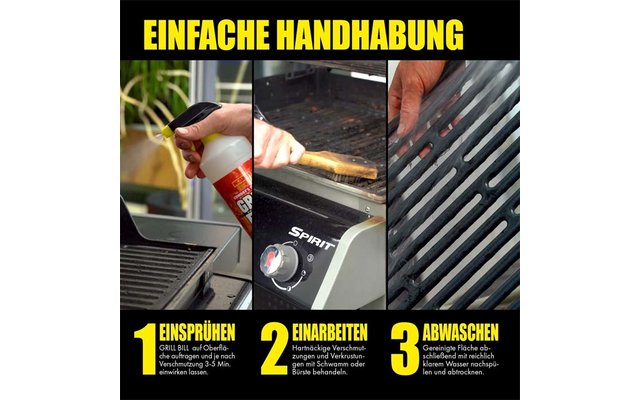 Drei Bilder zeigen die einfache Handhabung eines Grills: Hände reinigen den Grillrost mit einer Bürste, drehen ihn um, und der gereinigte Grillrost ist sichtbar