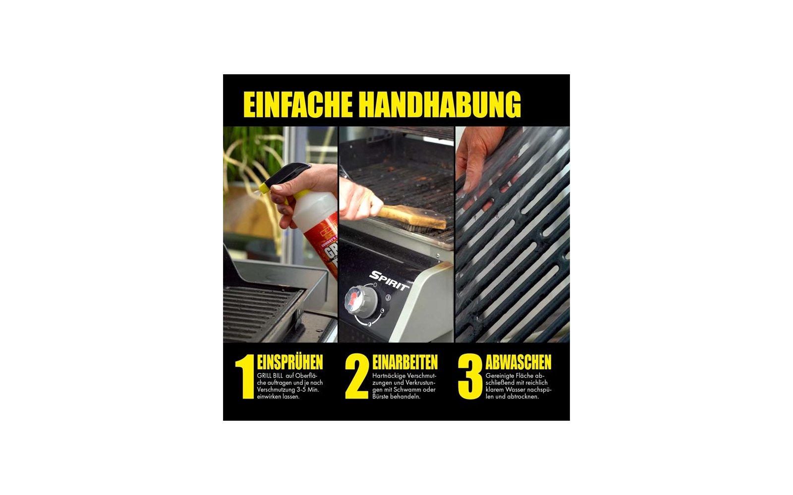 Drei Bilder zeigen die einfache Handhabung eines Grills: Hände reinigen den Grillrost mit einer Bürste, drehen ihn um, und der gereinigte Grillrost ist sichtbar