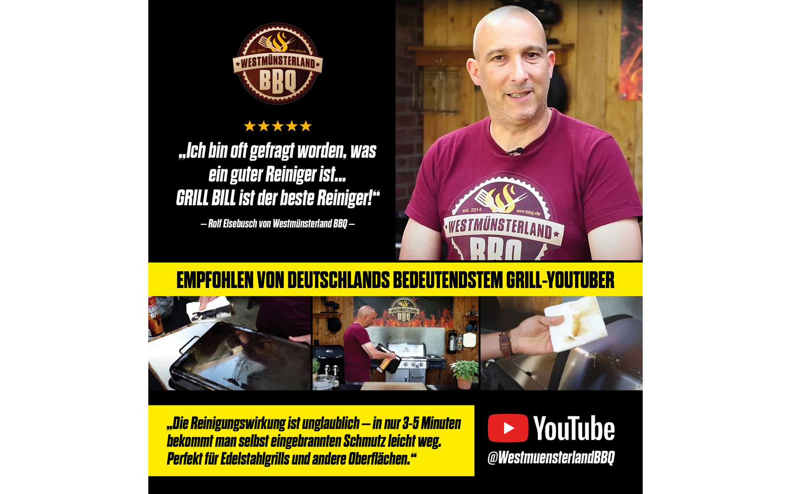 Zwei Männer lächeln in einer Grillumgebung, einer hält eine Grillzange, ein YouTube-Logo ist eingeblendet