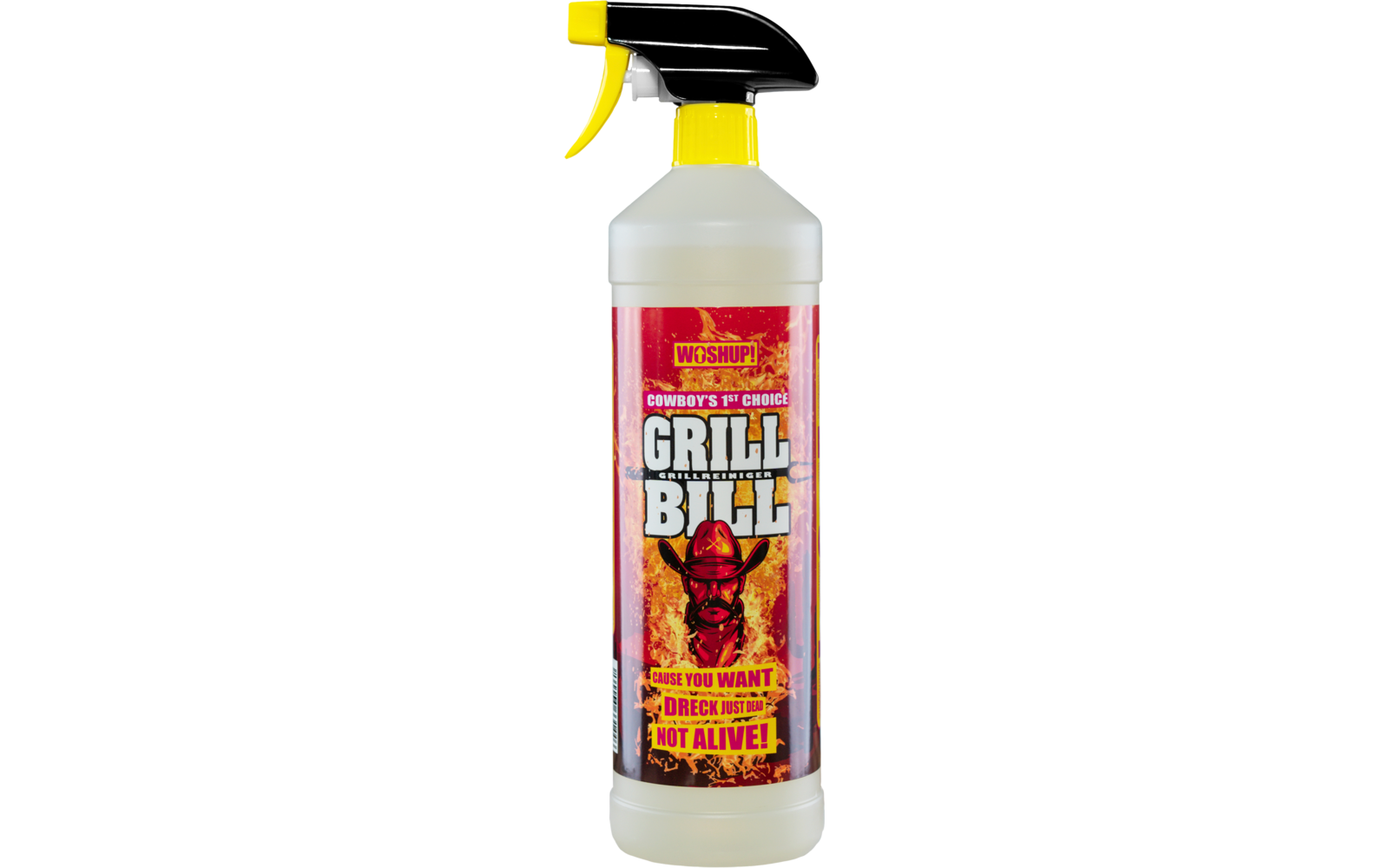 Sprühflasche mit Grillreiniger und Aufdruck eines brennenden Grills