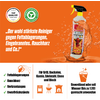 Infografik mit einem orangefarbenen Hintergrund, einem Sprayreiniger oben rechts und Text über Reinigungskraft sowie einer Auflistung von Eigenschaften