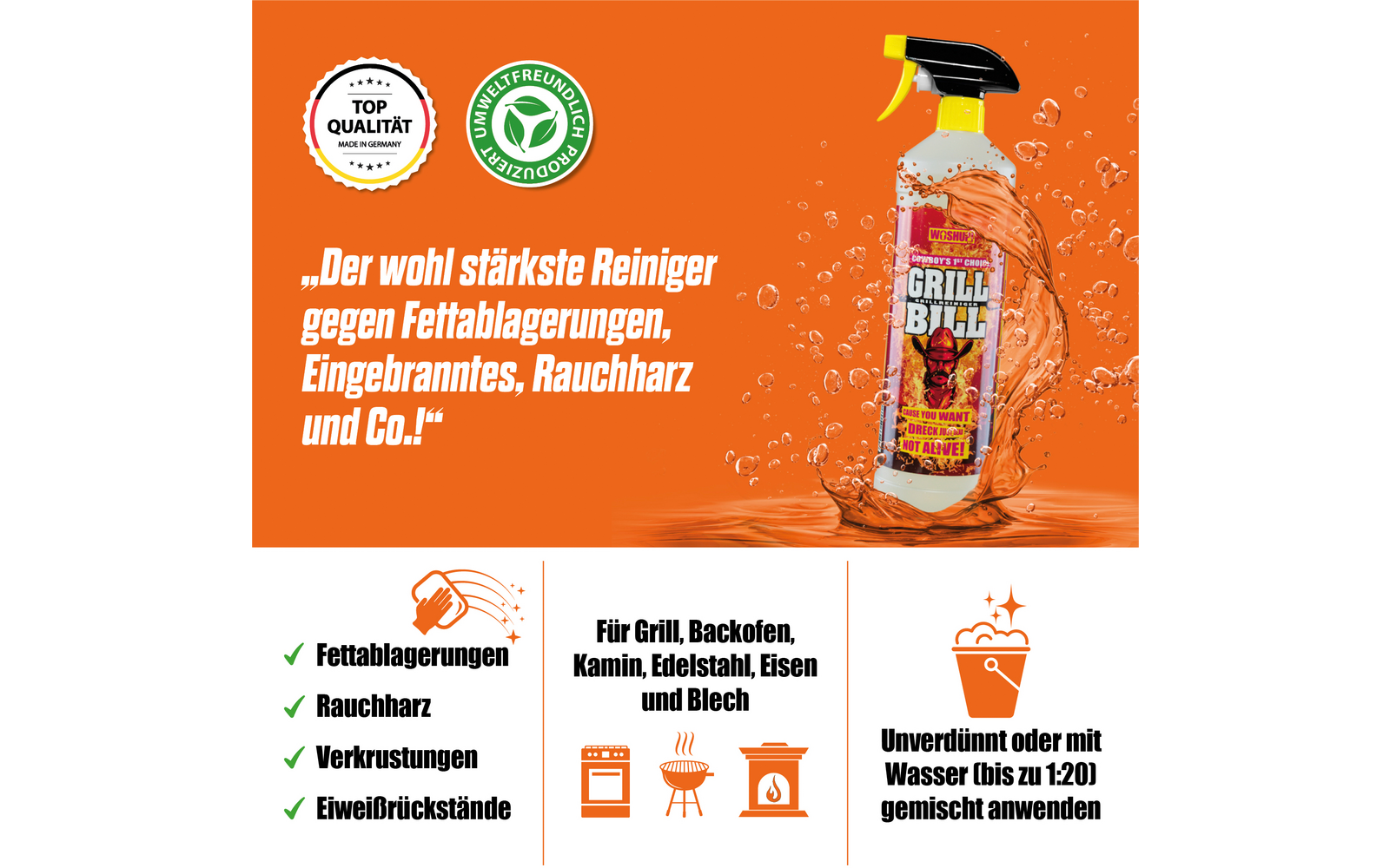 Infografik mit einem orangefarbenen Hintergrund, einem Sprayreiniger oben rechts und Text über Reinigungskraft sowie einer Auflistung von Eigenschaften