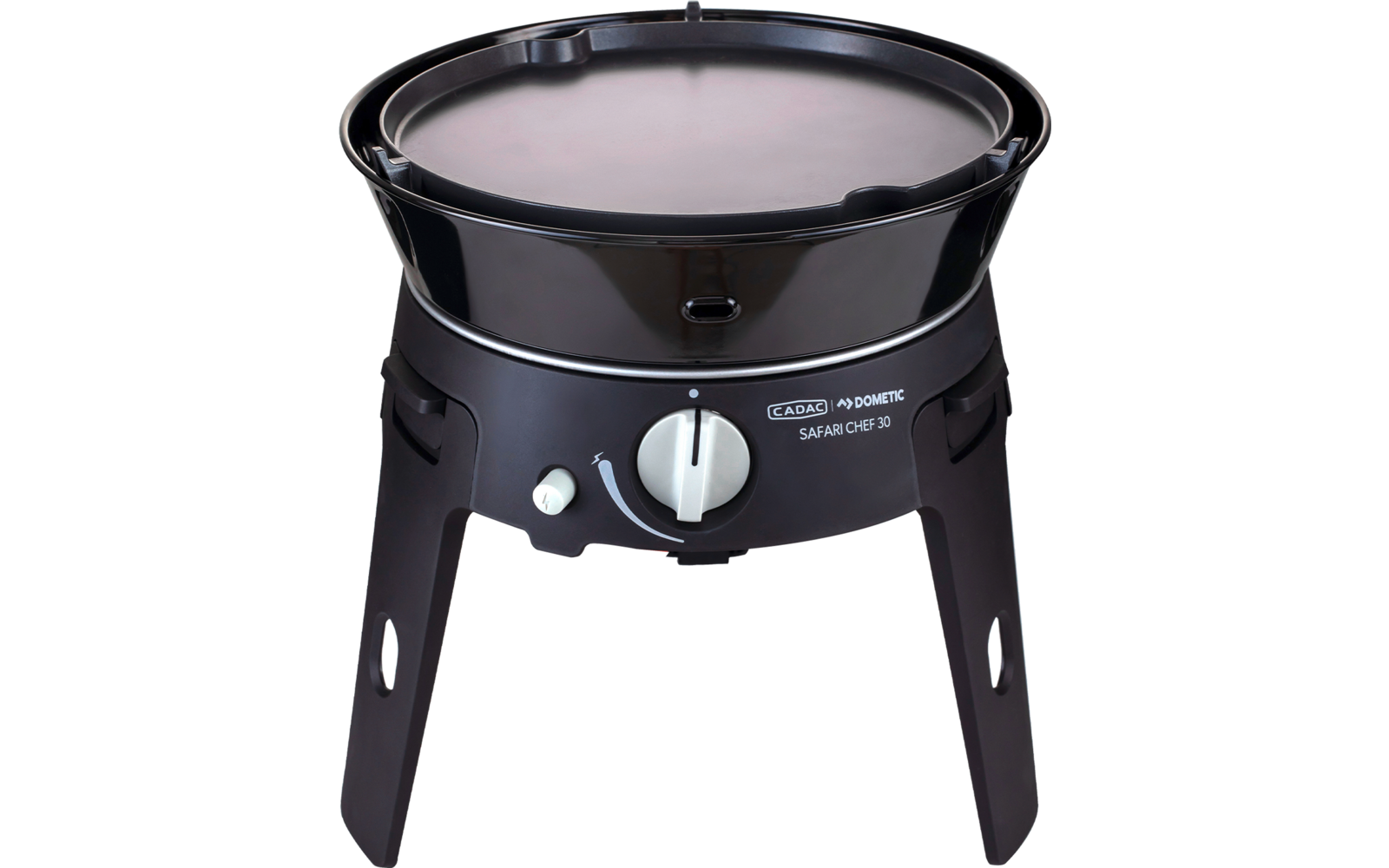 Appareil rond noir avec plaque de cuisson plate et circulaire, trois pieds, bouton de commande avant et anneau décoratif argenté