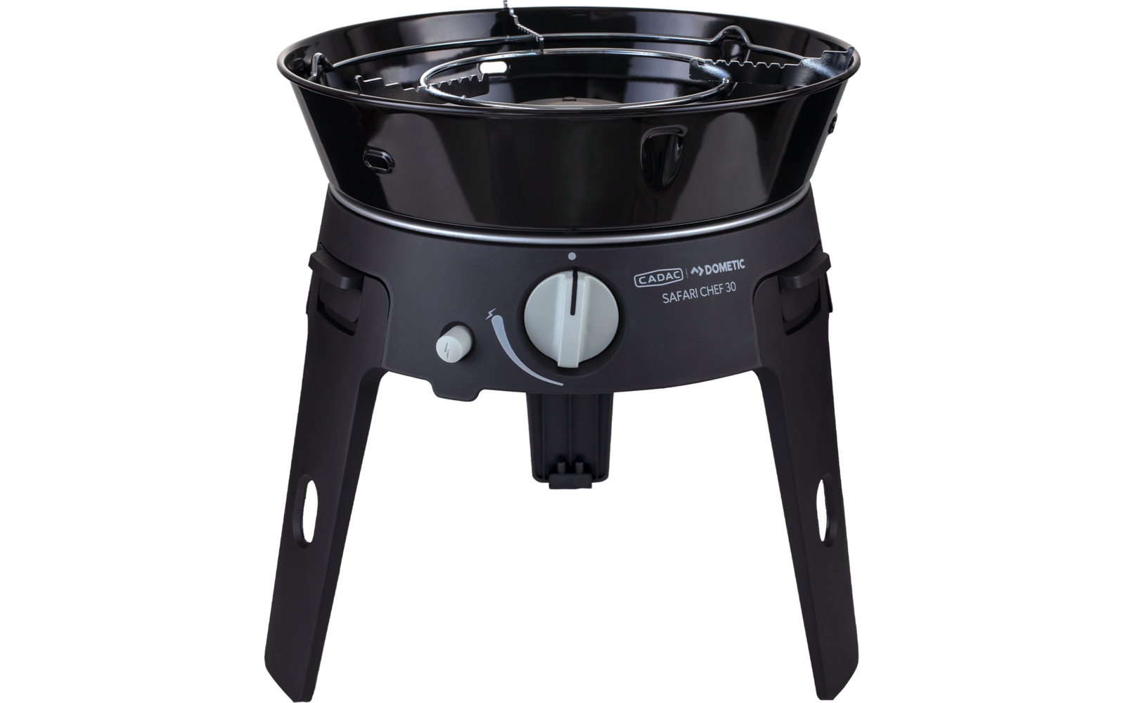 Appareil rond noir sur trois pieds, brûleur circulaire dessus, gros bouton de réglage à l'avant, petit bouton à gauche, inscription 'CADAC by DOMETIC'