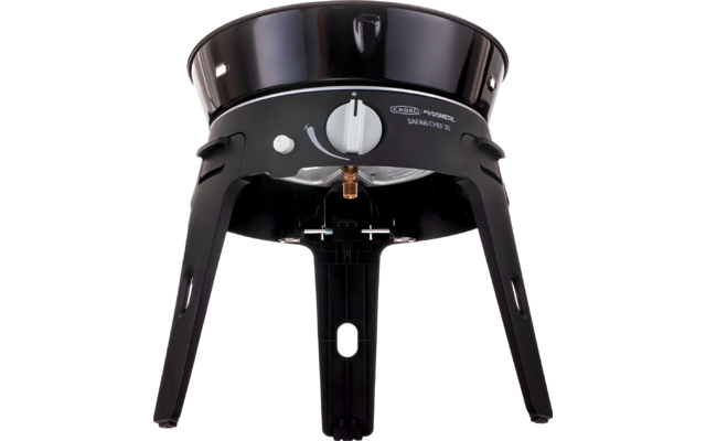 Dispositif métallique rond noir avec trois pieds longs, ouverture ronde au centre, tuyau métallique visible et bouton rotatif blanc à l'avant