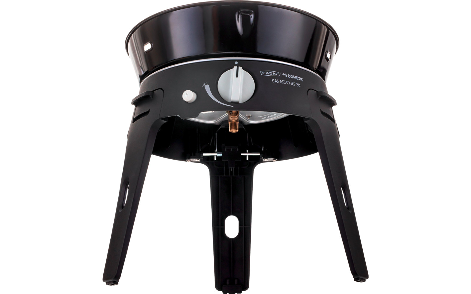 Dispositif métallique rond noir avec trois pieds longs, ouverture ronde au centre, tuyau métallique visible et bouton rotatif blanc à l'avant