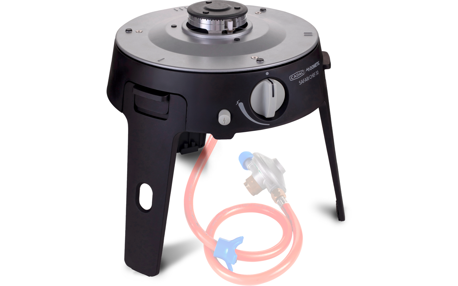 Surface métallique ronde argentée avec ouverture centrale sur un boîtier noir, bouton rotatif gris, trois pieds noirs, tuyau flexible rouge avec connecteurs bleus et raccord métallique argenté