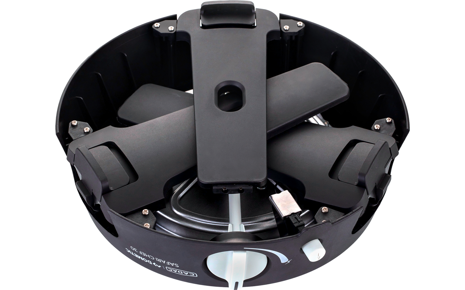 Boîtier circulaire noir avec bras d'hélice repliés, prise USB argentée visible et connecteur blanc