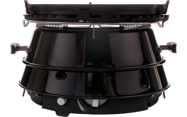 Appareil rond noir avec couvercle ouvert, grille intérieure visible, trois anneaux autour de la coque extérieure, poignées latérales, ouvertures de ventilation et deux boutons de réglage en bas