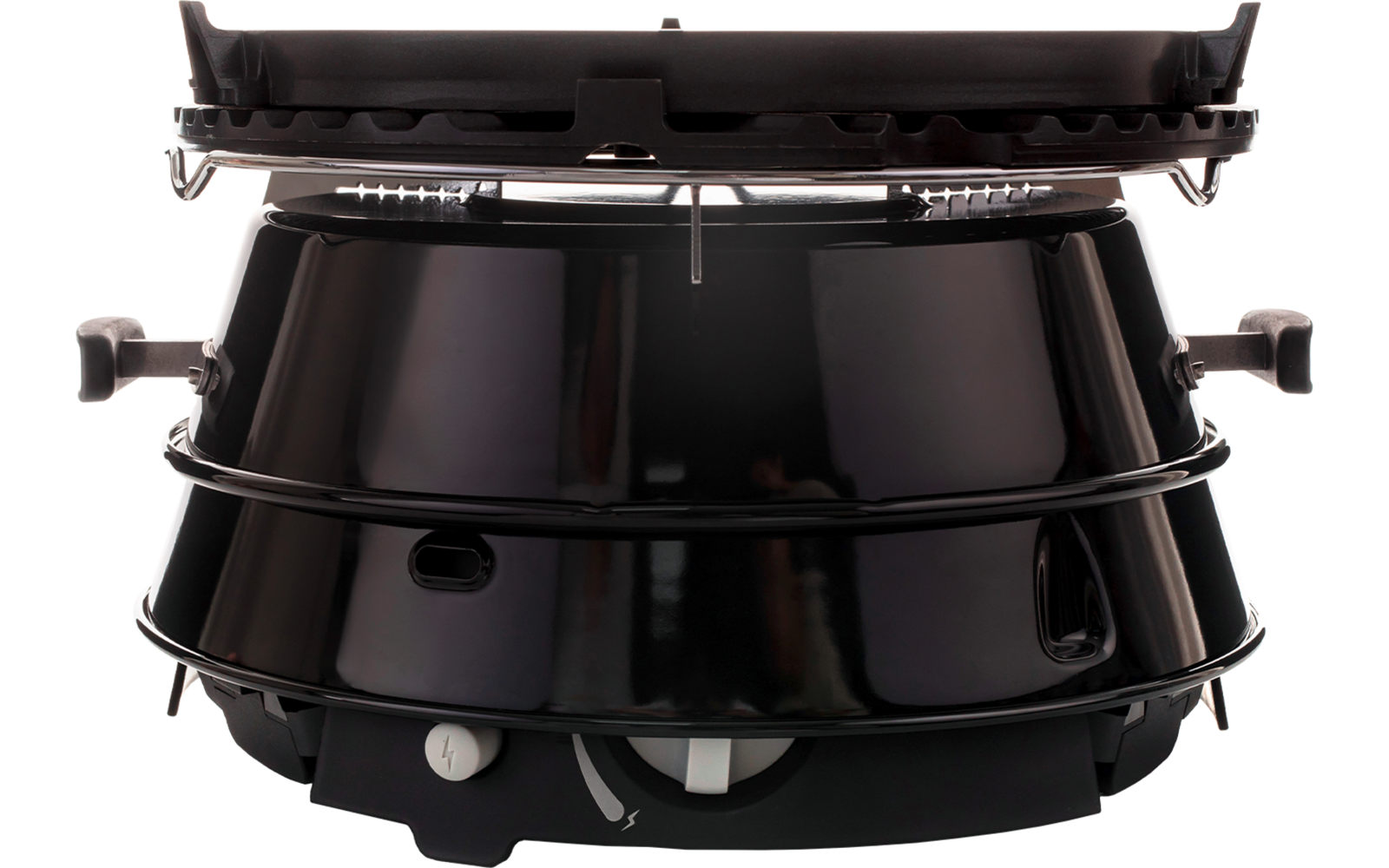 Appareil rond noir avec couvercle ouvert, grille intérieure visible, trois anneaux autour de la coque extérieure, poignées latérales, ouvertures de ventilation et deux boutons de réglage en bas
