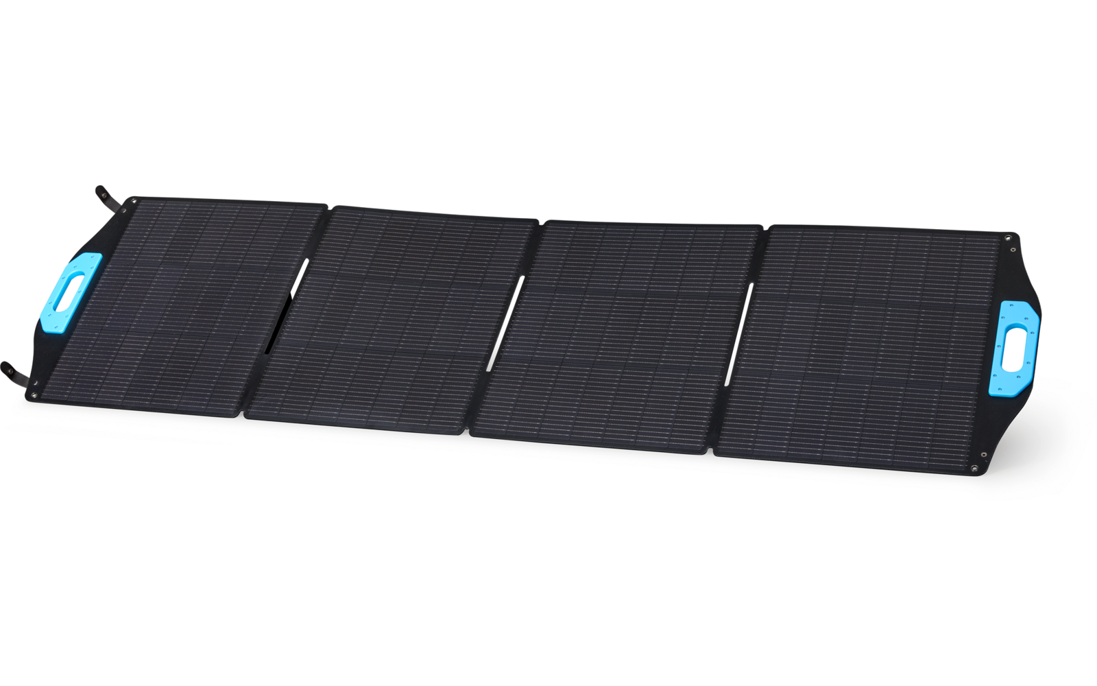 Vier schwarze, nebeneinander liegende Solarpaneele mit sichtbaren Scharnieren und hellblauen Griffen an beiden Enden auf weißem Hintergrund