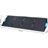 Vier nebeneinander liegende dunkelblaue/schwarze rechteckige Solarpaneele mit sichtbaren Zellen, an beiden Enden blaue Griffe; Maßangaben 2044 mm Länge, 527 mm Höhe, 5 mm Dicke