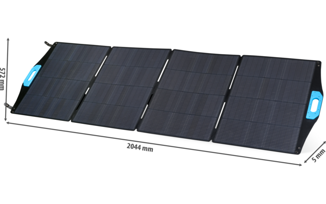 Vier nebeneinander liegende dunkelblaue/schwarze rechteckige Solarpaneele mit sichtbaren Zellen, an beiden Enden blaue Griffe; Maßangaben 2044 mm Länge, 527 mm Höhe, 5 mm Dicke