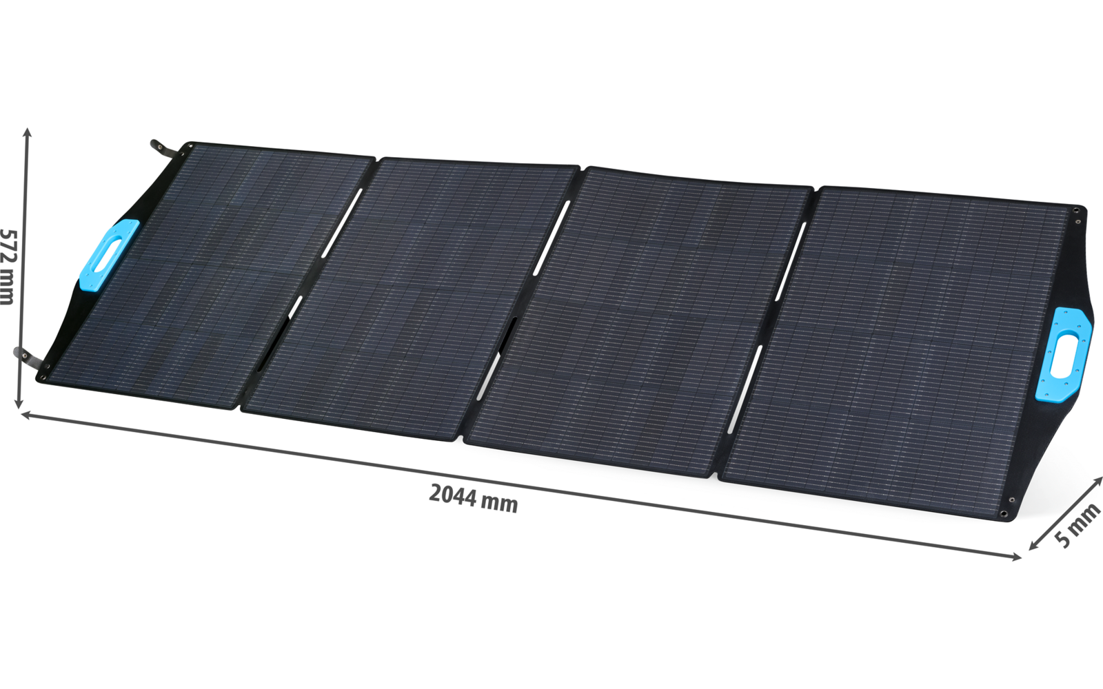 Vier nebeneinander liegende dunkelblaue/schwarze rechteckige Solarpaneele mit sichtbaren Zellen, an beiden Enden blaue Griffe; Maßangaben 2044 mm Länge, 527 mm Höhe, 5 mm Dicke