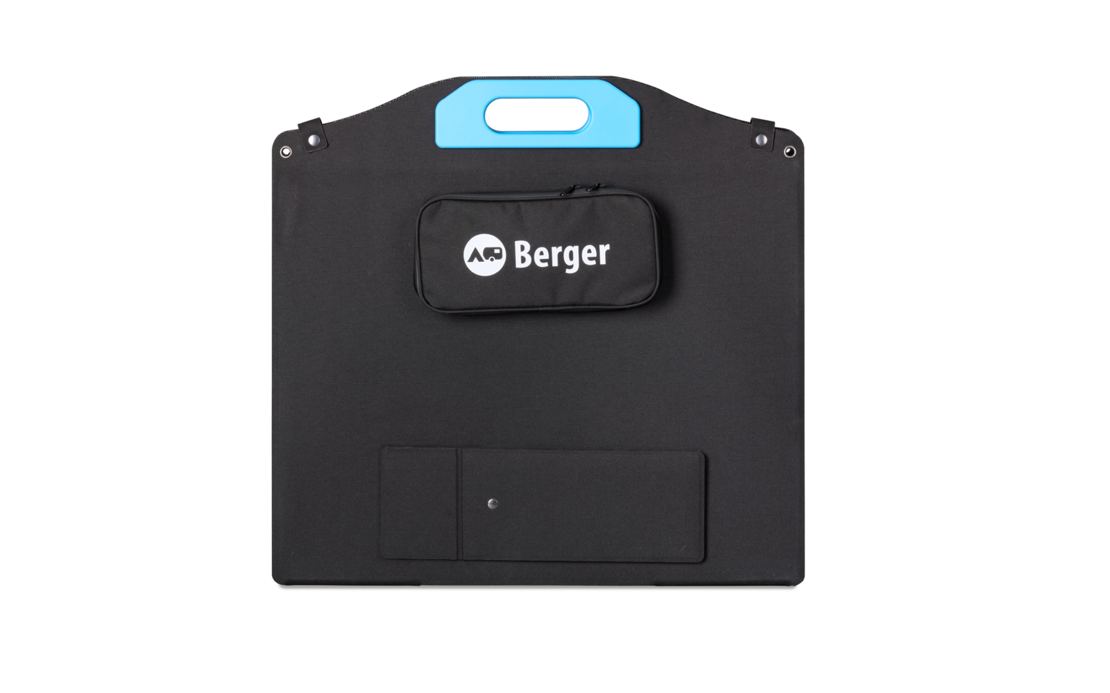 Schwarzes rechteckiges Objekt mit blauem Tragegriff oben, kleiner aufgesetzter Tasche mit weißem Schriftzug "Berger" in der Mitte und rechteckigem Fach unten