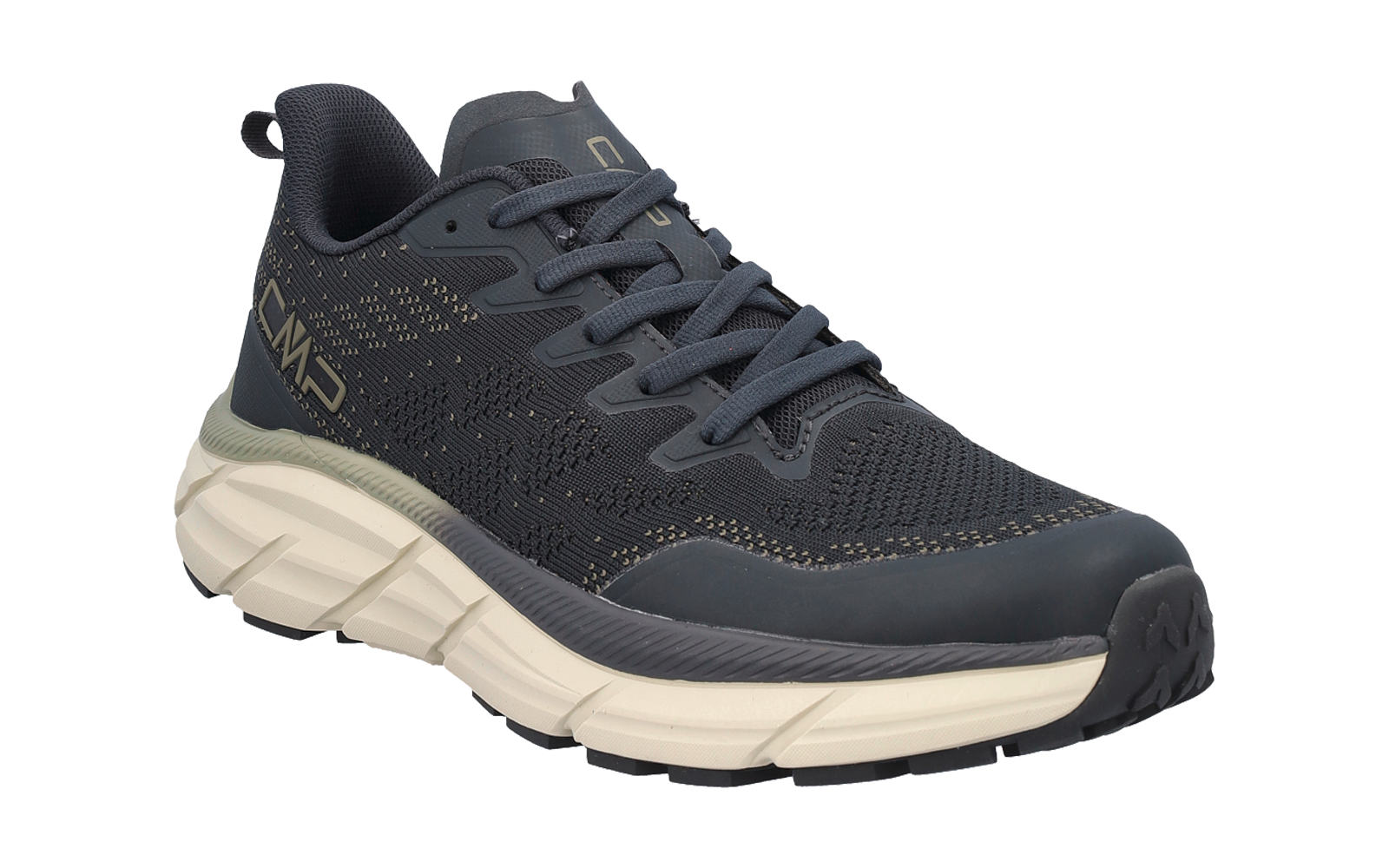 Ein einzelner dunkelgrauer Schnürschuh mit gestricktem Obermaterial, goldenem ‚CMP‘-Schriftzug an der Außenseite und hellbeiger, mehrschichtiger Sohle