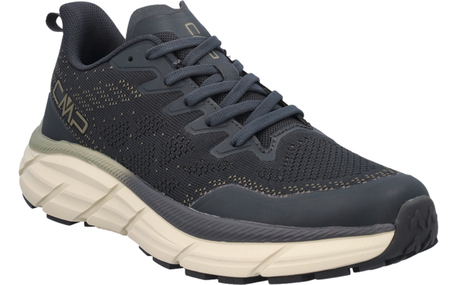 Ein einzelner dunkelgrauer Schnürschuh mit gestricktem Obermaterial, goldenem ‚CMP‘-Schriftzug an der Außenseite und hellbeiger, mehrschichtiger Sohle