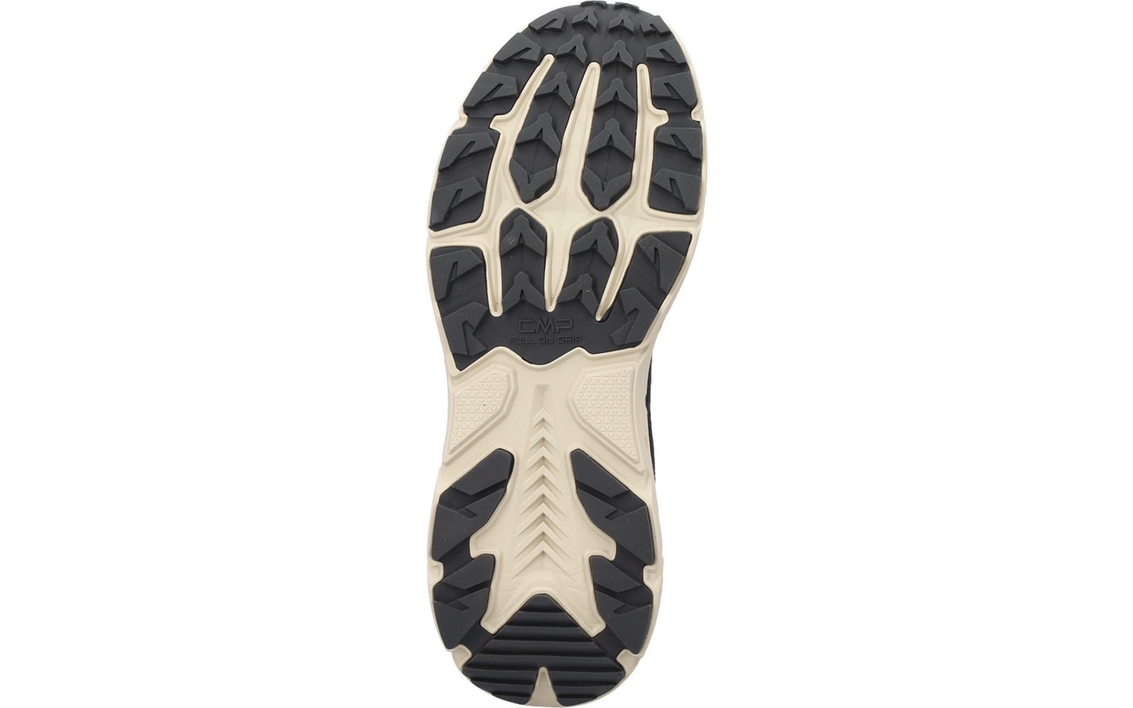 Einzelne Schuhsohle, schwarzes Profil mit hellbeiger Mittelsohle, sichtbare Profilrillen und Stollen, freigestellt auf weißem Hintergrund