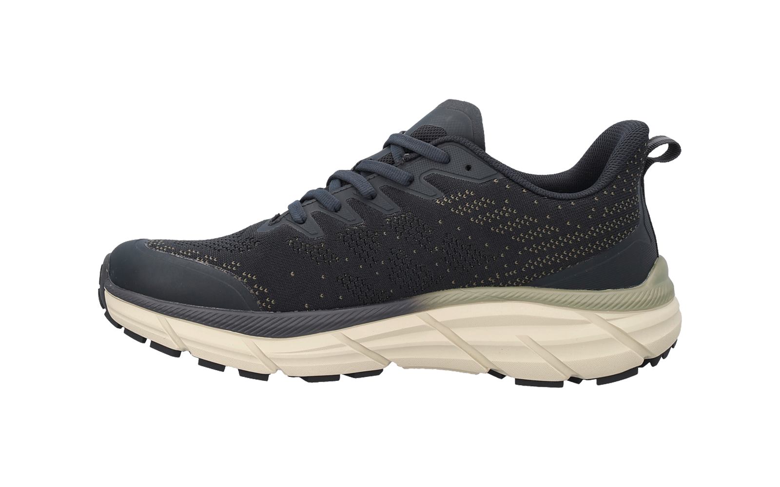 Dunkelgrauer Schnürschuh mit perforiertem Obermaterial, goldfarbenen Punkten und heller, dicker Laufsohle