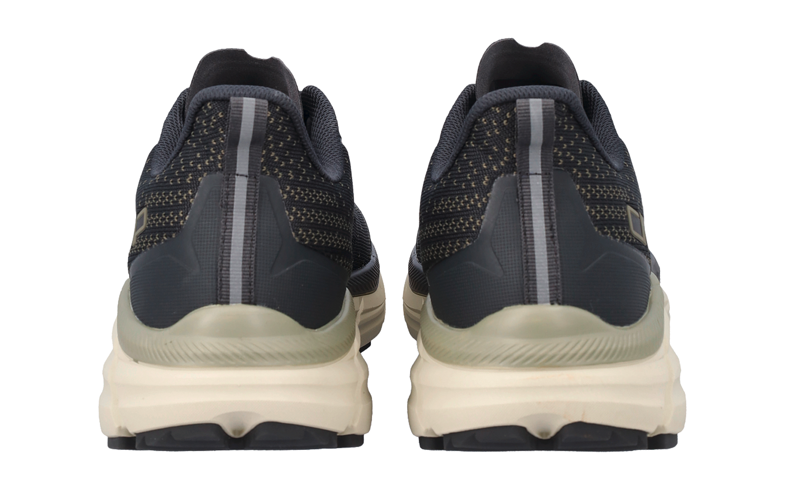 Rückansicht eines Paars dunkler Schuhe mit hellen Sohlen und einem senkrechten hellen Streifen auf jeder Ferse