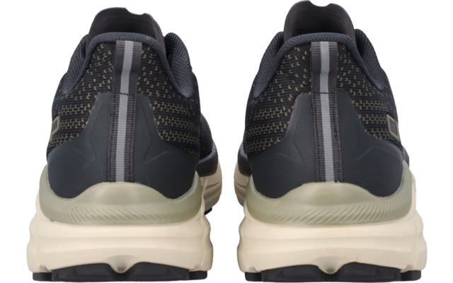 Rückansicht eines Paars dunkler Schuhe mit hellen Sohlen und einem senkrechten hellen Streifen auf jeder Ferse