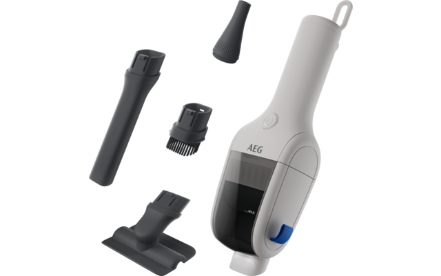 Aspirapolvere portatile bianco con contenitore della polvere trasparente e quattro accessori neri accanto
