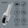 Weißer Handstaubsauger mit dem Schriftzug 'ErgoMini' links und sechs kreisförmigen Icons rechts mit den Texten '9-20 min', '0,55 kg', 'USB-C', '0,8 m', 'Integriertes LED-Licht' und 'Aufbewahrungshaken'