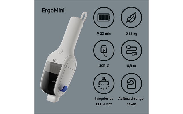Weißer Handstaubsauger mit dem Schriftzug 'ErgoMini' links und sechs kreisförmigen Icons rechts mit den Texten '9-20 min', '0,55 kg', 'USB-C', '0,8 m', 'Integriertes LED-Licht' und 'Aufbewahrungshaken'