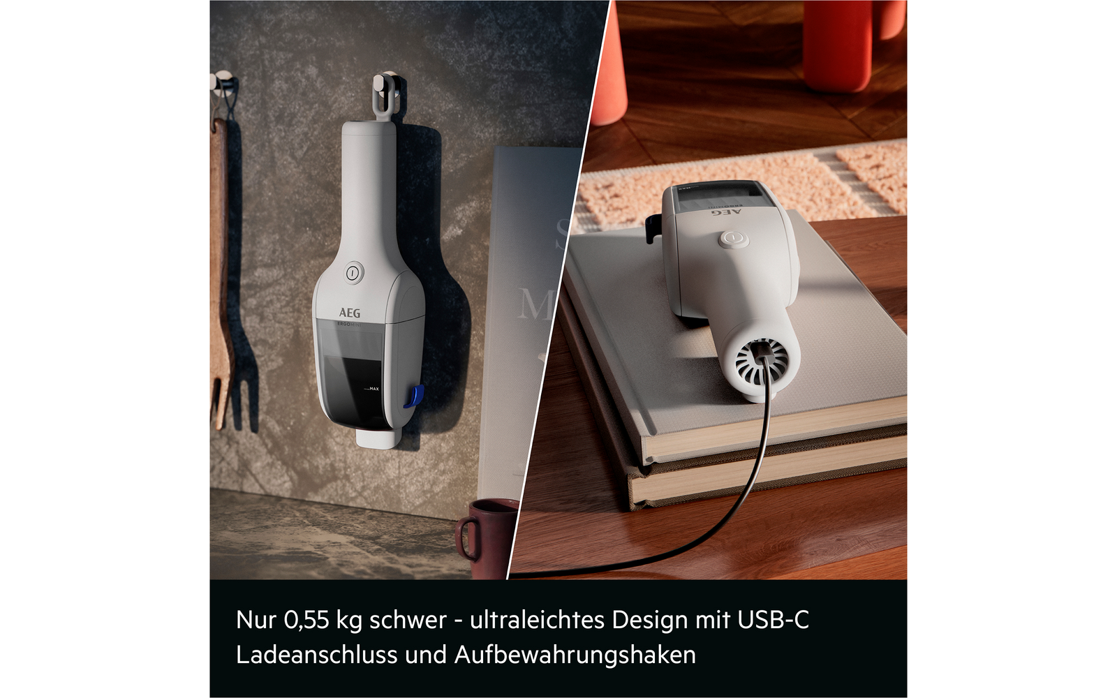 Zweigeteiltes Bild: links ein weißer Handstaubsauger an einer Wandhalterung, rechts derselbe Staubsauger auf einem Buchstapel auf einem Holztisch; unten schwarzes Banner mit deutschem Text