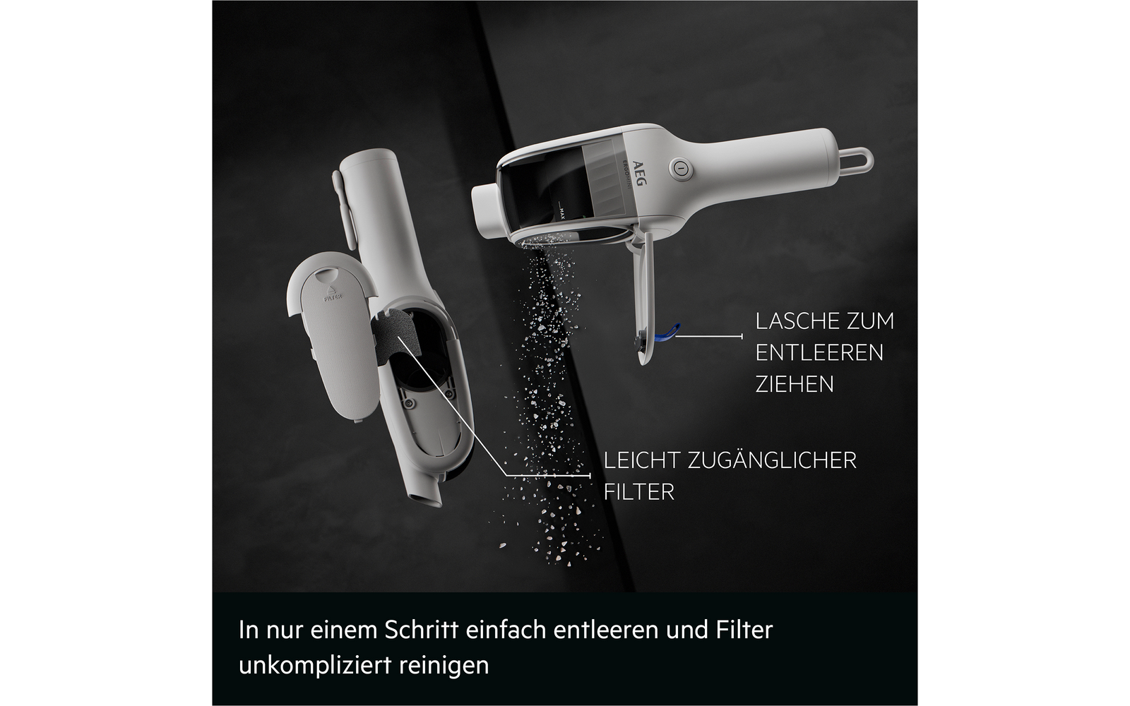 Aufgeklappter weißer Handstaubsauger, Staub fällt aus dem geöffneten Behälter; sichtbare deutsche Beschriftungen 'Lasche zum Entleeren ziehen' und 'Leicht zugänglicher Filter' sowie ein schwarzer Textbalken mit 'In nur einem Schritt einfach entleeren