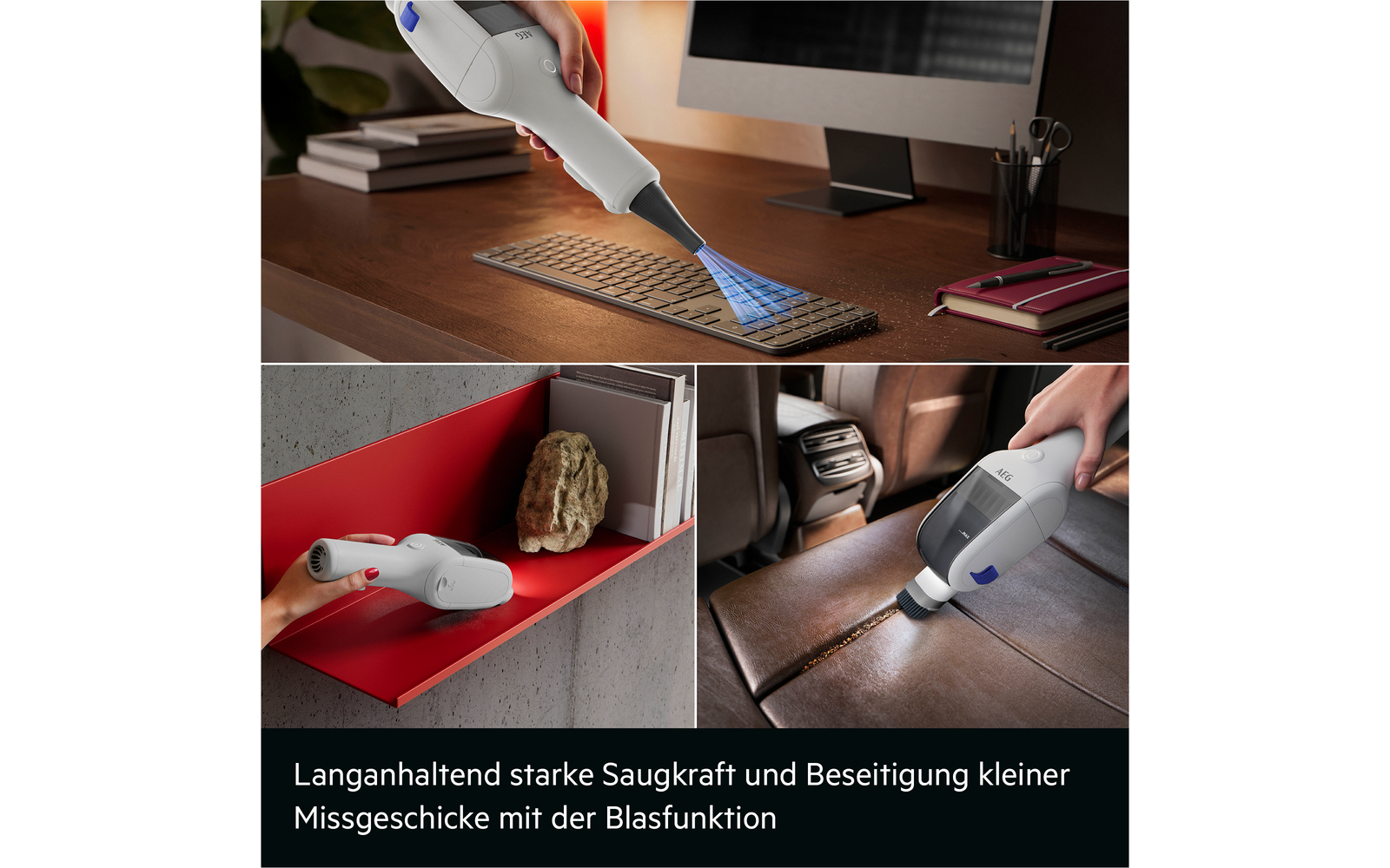 Dreiteiliges Bild: oben eine Hand hält ein weißes Handgerät über einer Computertastatur, blaues Licht auf der Tastatur; unten links das Gerät in einem roten Regal neben einem Stein und Büchern; unten rechts eine Hand hält das Gerät über einem braunen