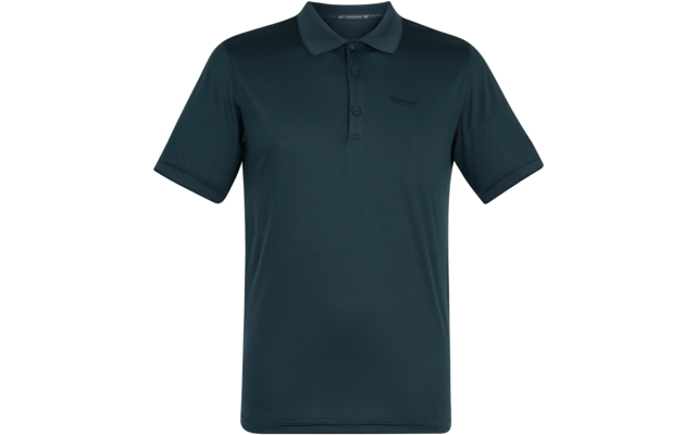 Dunkelgrünes kurzärmliges Polohemd mit Kragen, drei Knöpfen und kleinem Logo auf der linken Brust