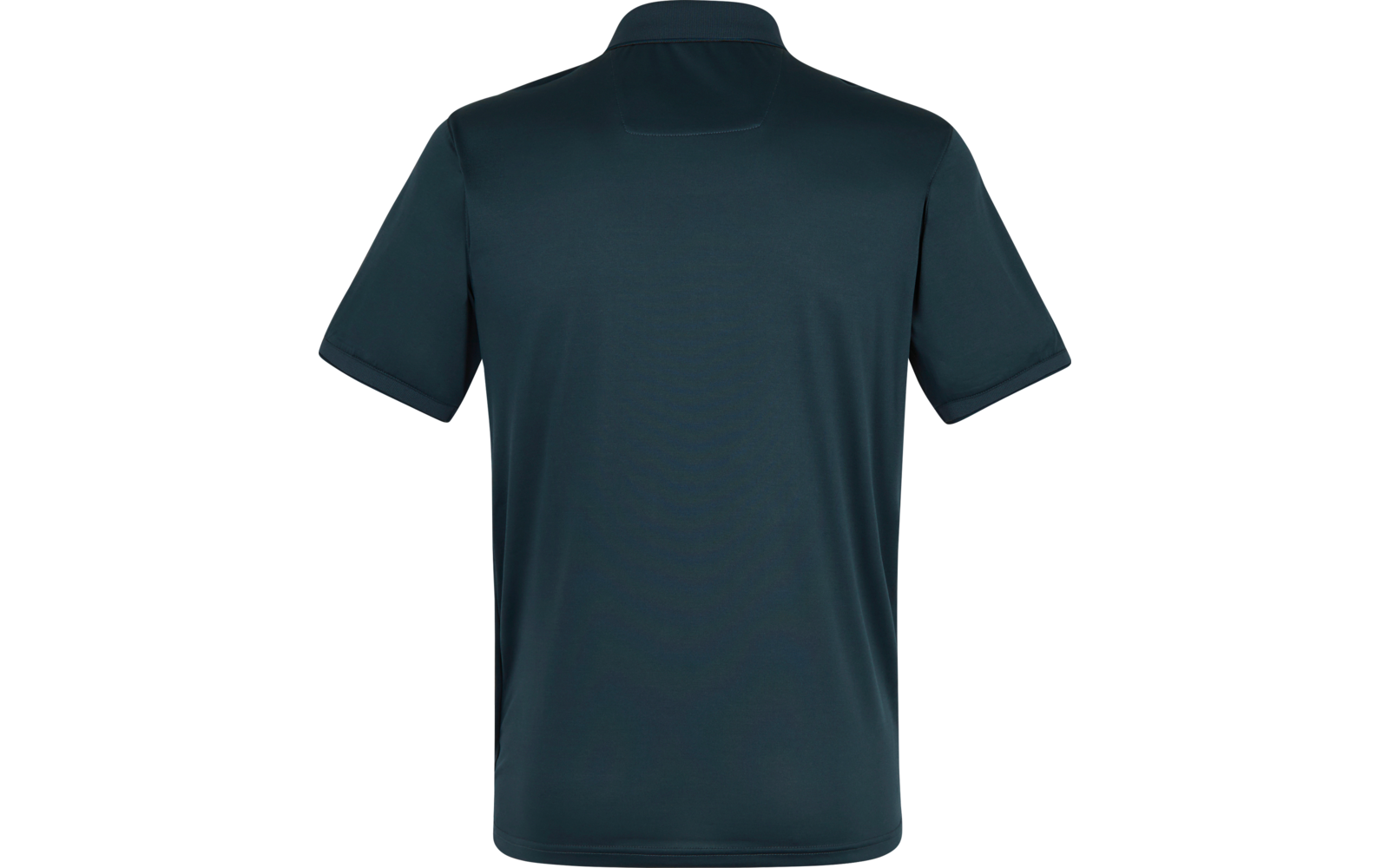 Rückenansicht eines dunkelgrünen, kurzärmeligen Poloshirts mit Kragen