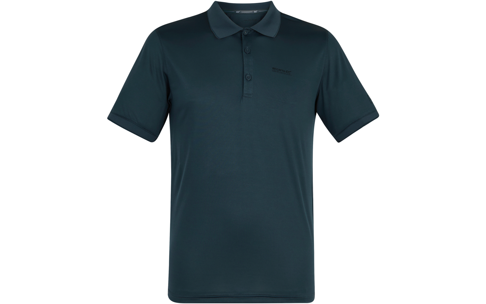 Dunkelgrünes kurzärmliges Polohemd mit Kragen, drei Knöpfen und kleinem Logo auf der linken Brust