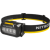 Schwarze Stirnlampe mit rechteckigem Leuchtenkopf mit vier LEDs, schwarzem Stoffkopfband mit gelben Akzenten und Aufdruck "NITECORE"