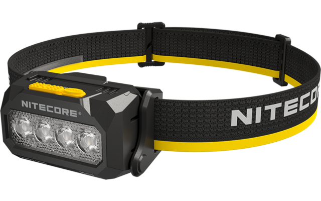 Schwarze Stirnlampe mit rechteckigem Leuchtenkopf mit vier LEDs, schwarzem Stoffkopfband mit gelben Akzenten und Aufdruck "NITECORE"