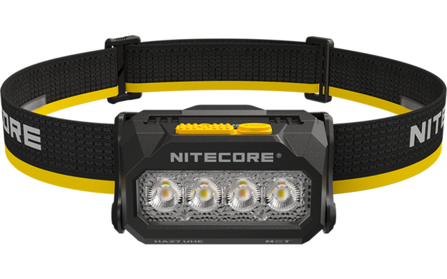 Schwarze Stirnlampe mit rechteckigem Gehäuse, vier sichtbare LEDs hinter transparenter Abdeckung und schwarzem‑gelbem verstellbarem Kopfband mit Aufdruck "NITECORE"