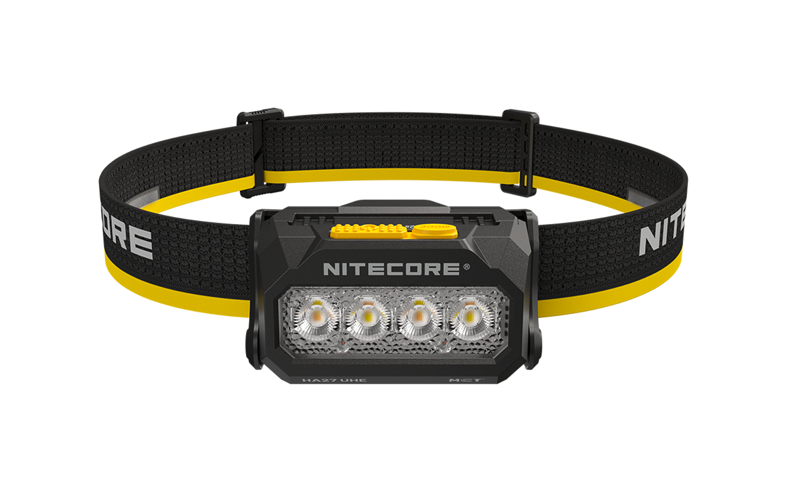 Schwarze Stirnlampe mit rechteckigem Gehäuse, vier sichtbare LEDs hinter transparenter Abdeckung und schwarzem‑gelbem verstellbarem Kopfband mit Aufdruck "NITECORE"