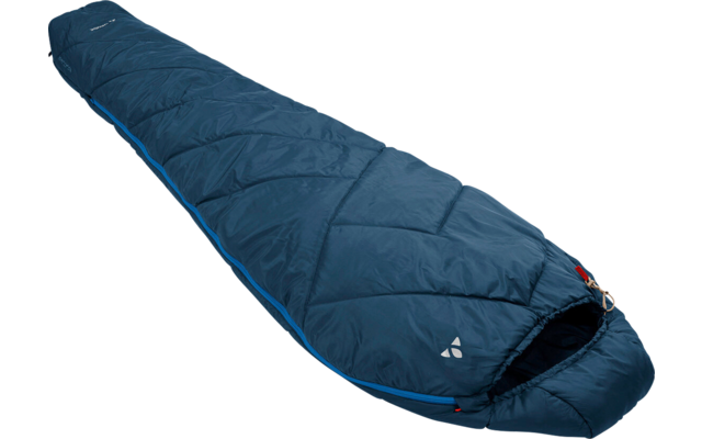 Dunkelblauer Mumien-Schlafsack mit Reißverschluss und Kopfteil
