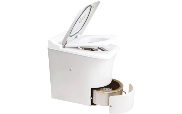 Aparato de cocina blanco con tapa abierta y compartimento sacado