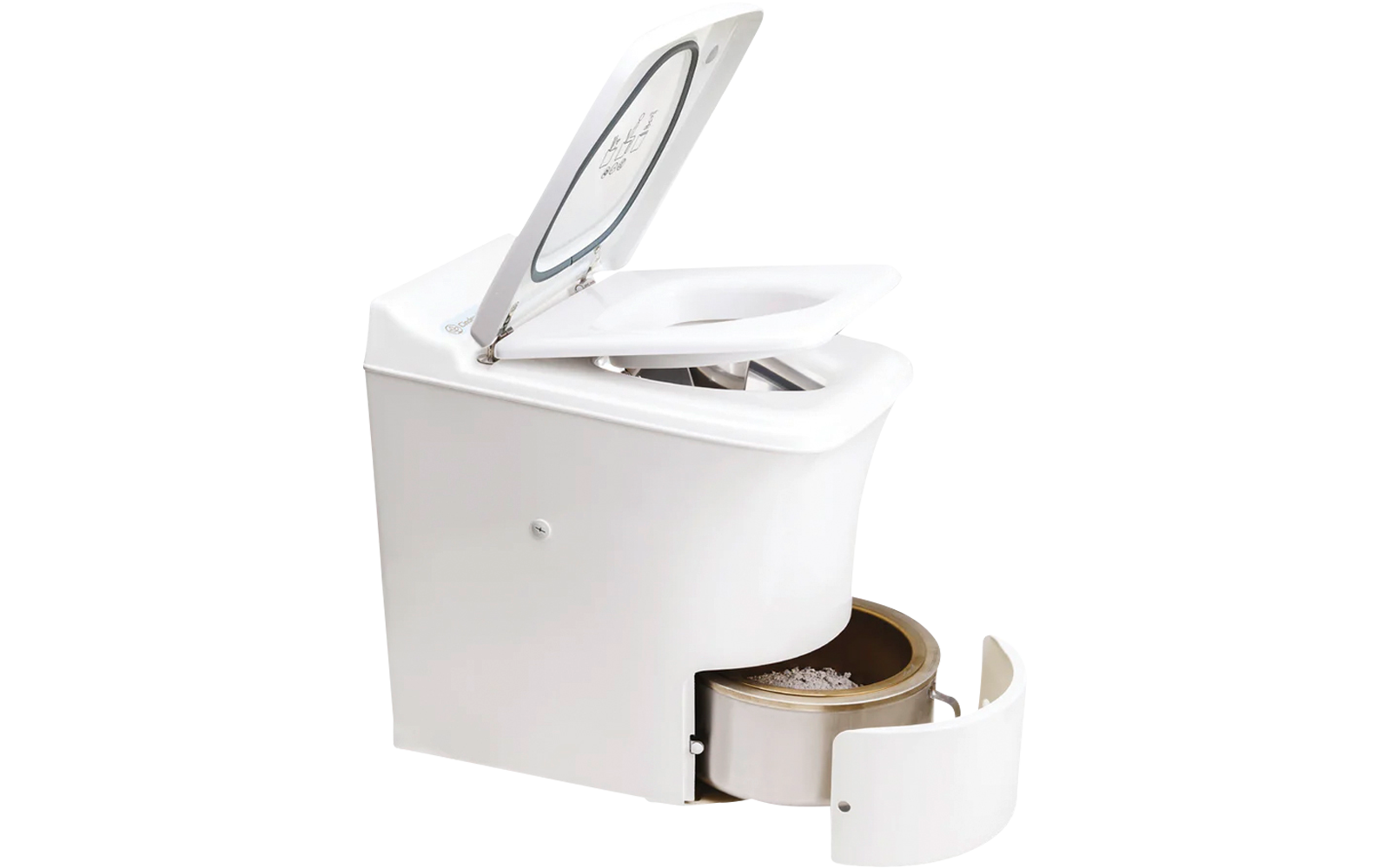 Aparato de cocina blanco con tapa abierta y compartimento sacado