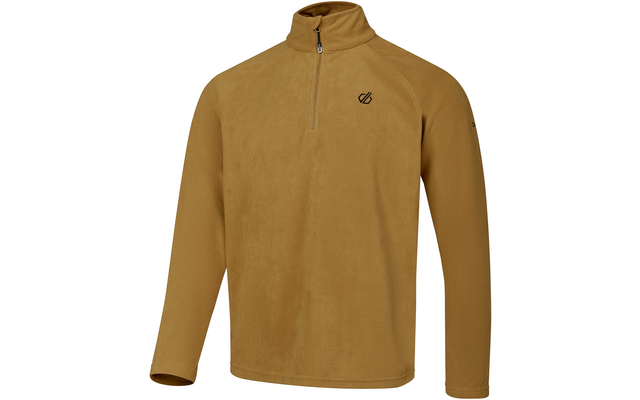 Bruine fleece trui met korte ritssluiting, opstaande kraag en klein logo op de linkerborst